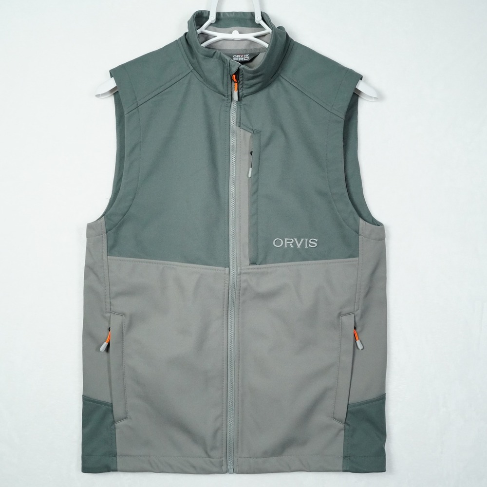 Orvis Pro Mens Softshell Fishing Vest Grey Green Full Zip Mock Neck Size S